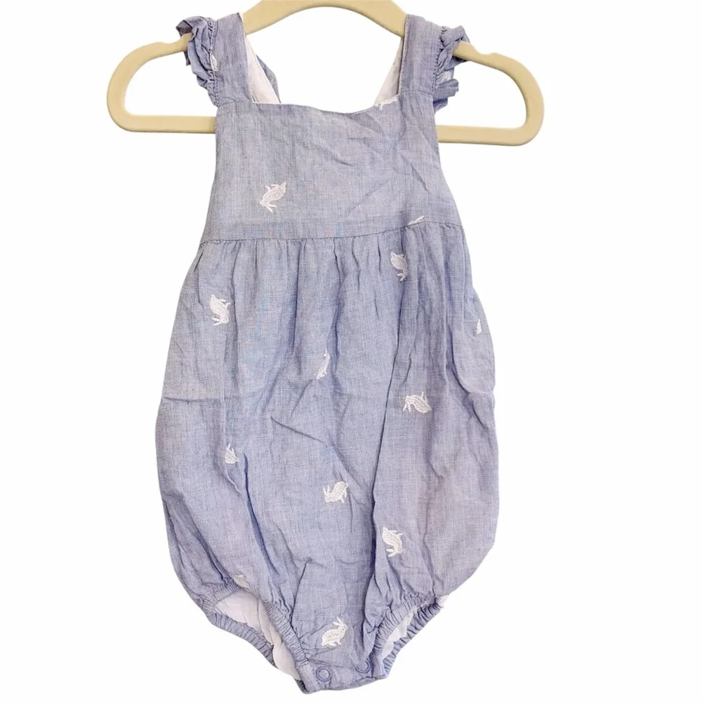 Baby Boden Bunny Bubble Romper, Cotton Blue White Rabbit Embroidered Girl Spring